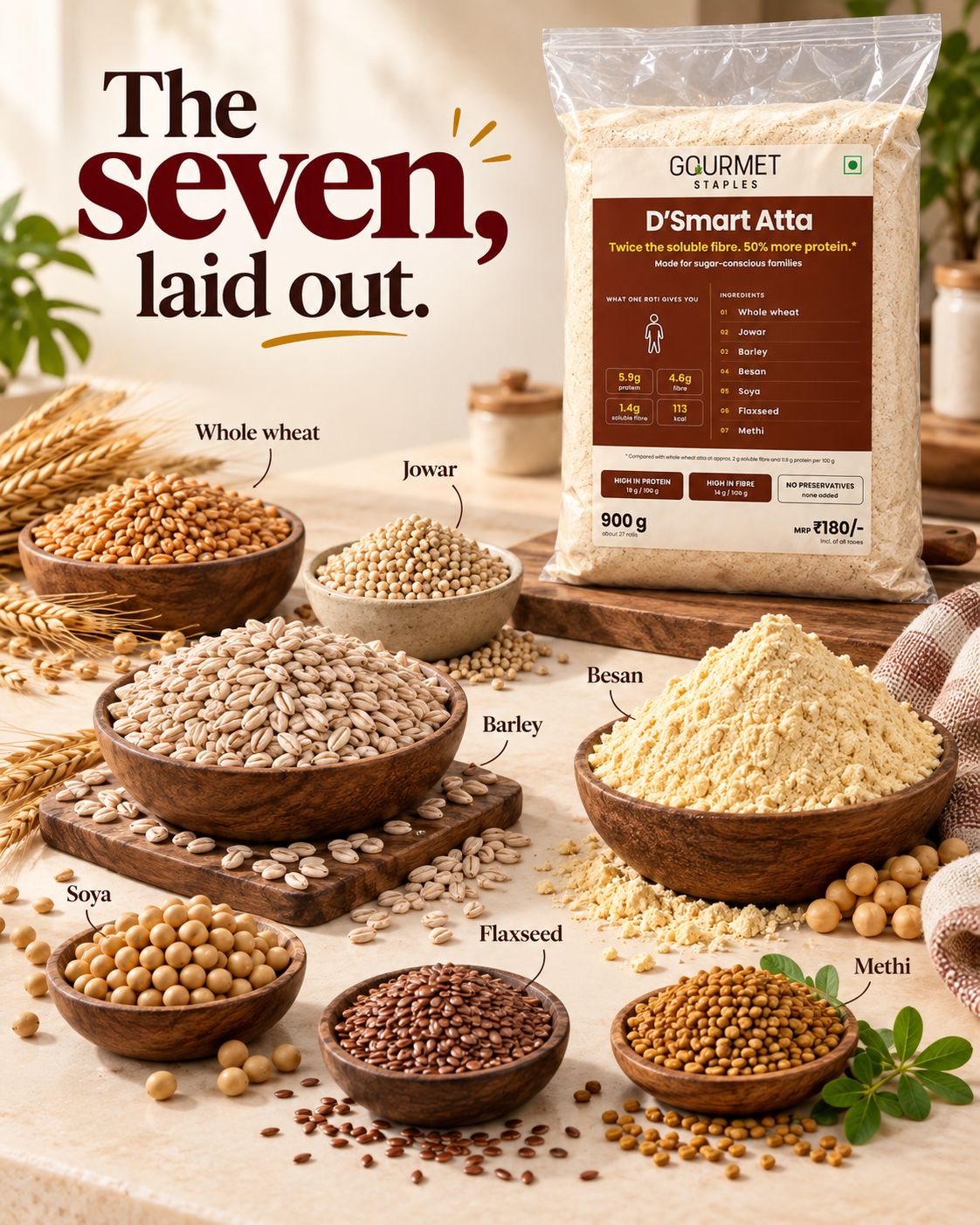 D'Smart multigrain atta 900g pack – 7 grains and seeds