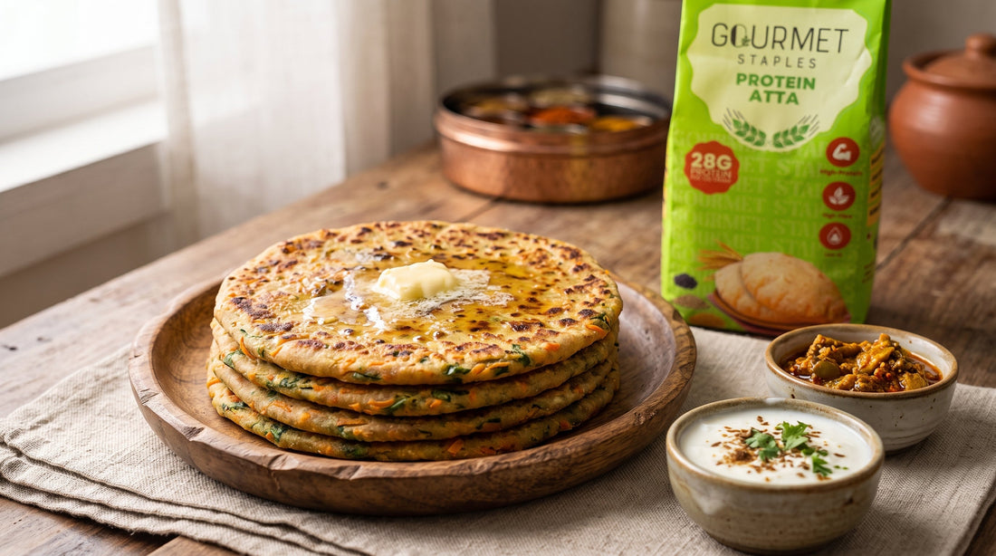 High protein vegetable paratha made with Gourmet Staples Protein Atta