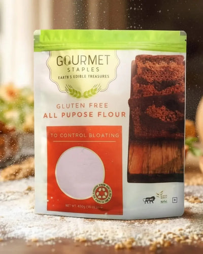 Gluten-free all purpose flour pouch on a kitchen counter with scattered flour and bread slices