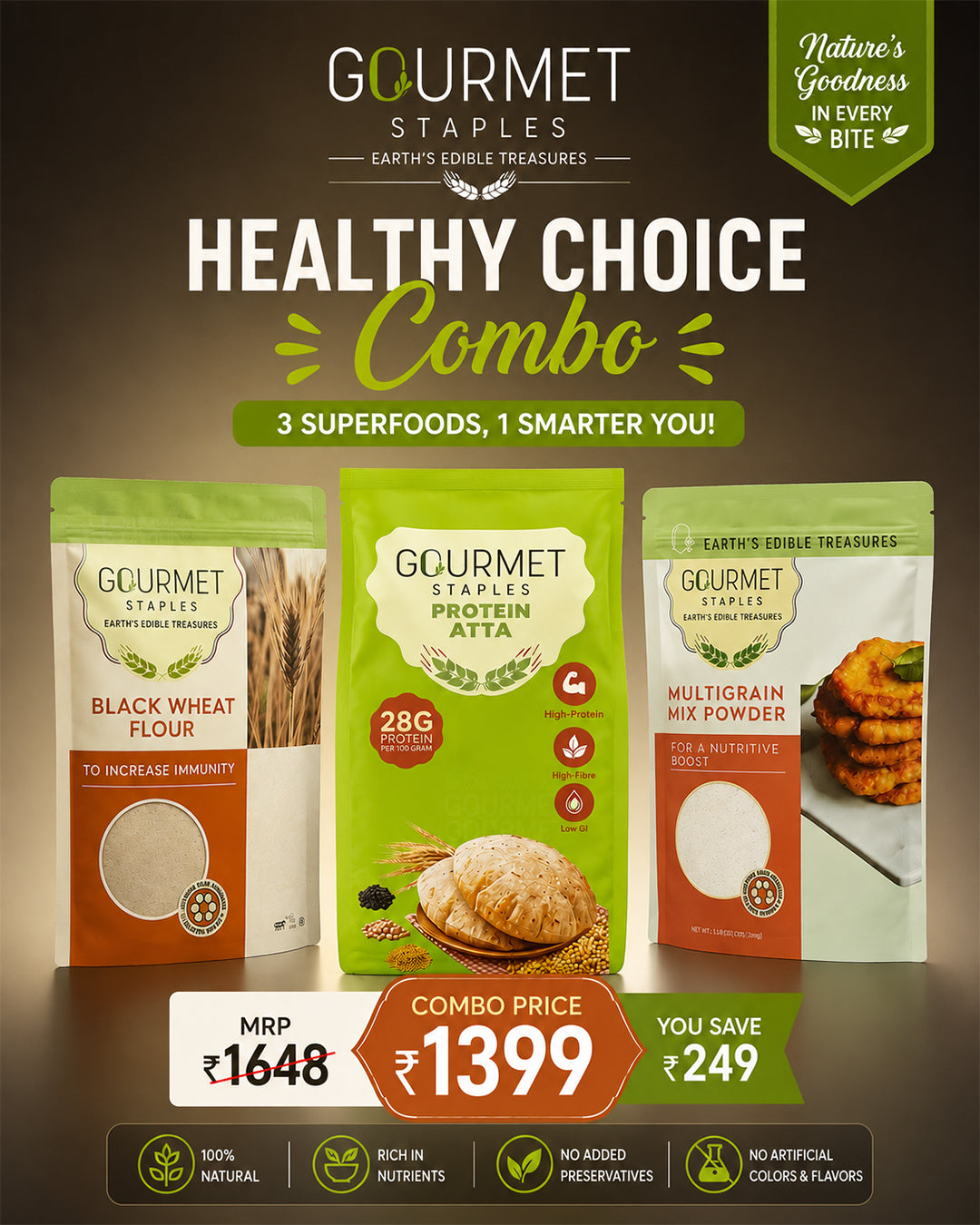 Gourmet Staples Healthy Choice Combo pack – Black Wheat Flour, Protein Atta and Multigrain Mix Powder, 3 superfoods combo